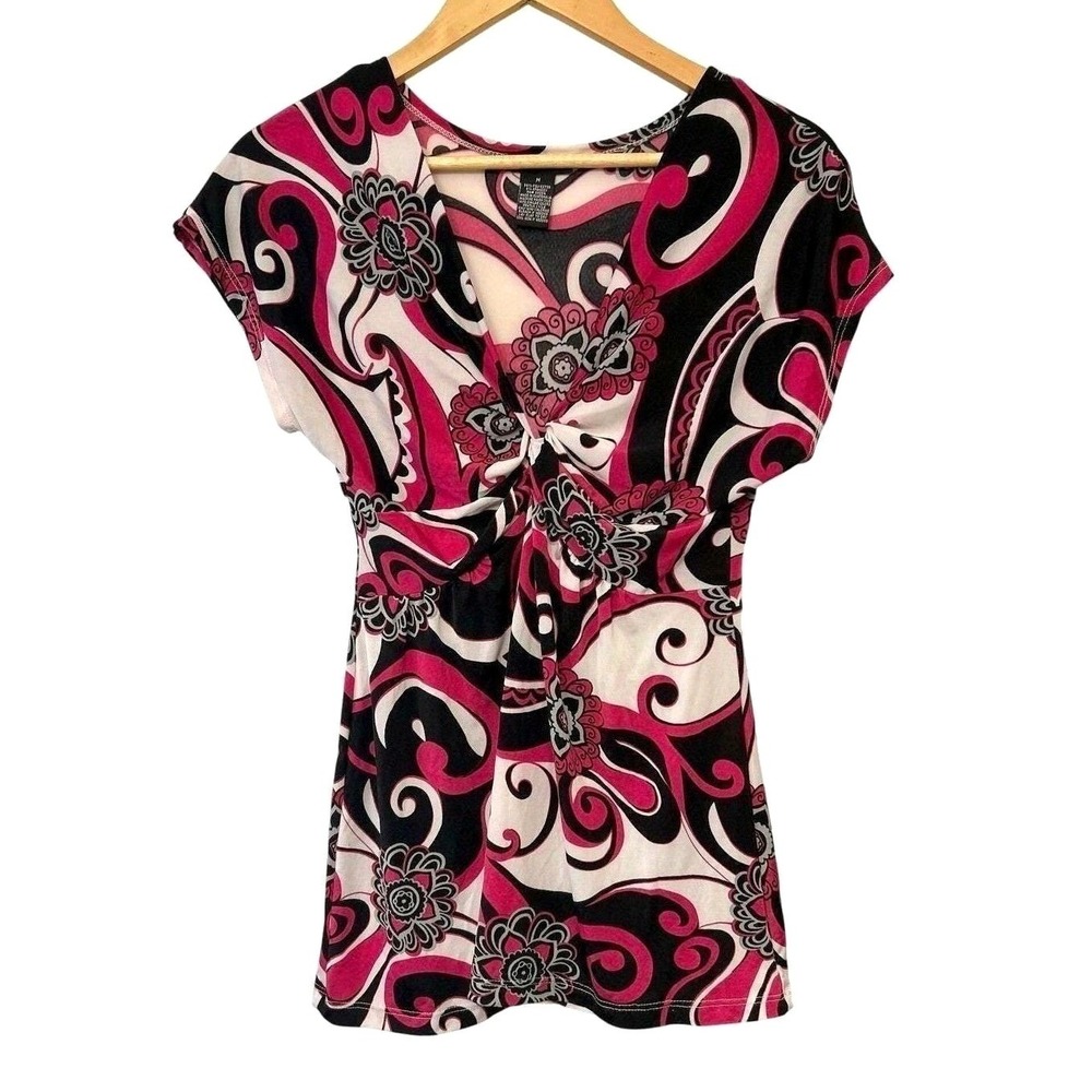 Vtg Sixteen Knot Front Top M Pink Black Y2K Swirl Draped Indie Sleaze Mall Goth